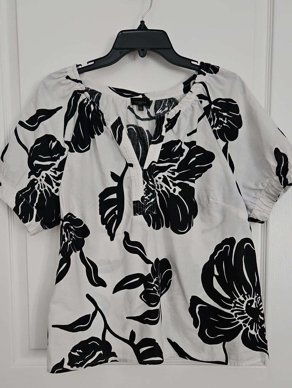 Talbots Black and White Floral Peasant Blouse, XLPetite